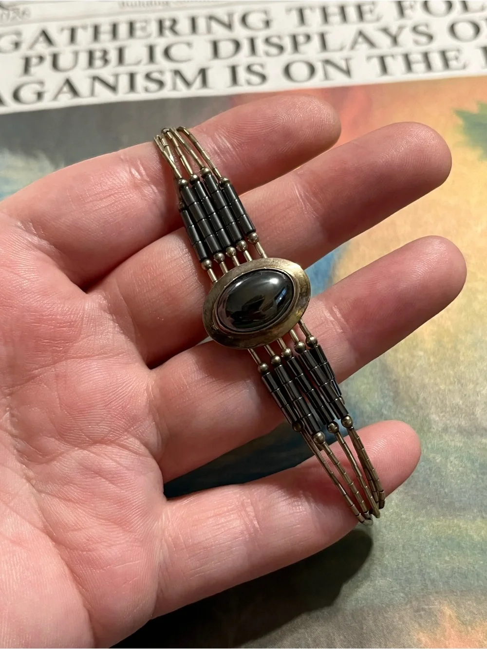 Vintage Navajo Artisan Made Sterling Liquid Silver Hematite Bracelet 925